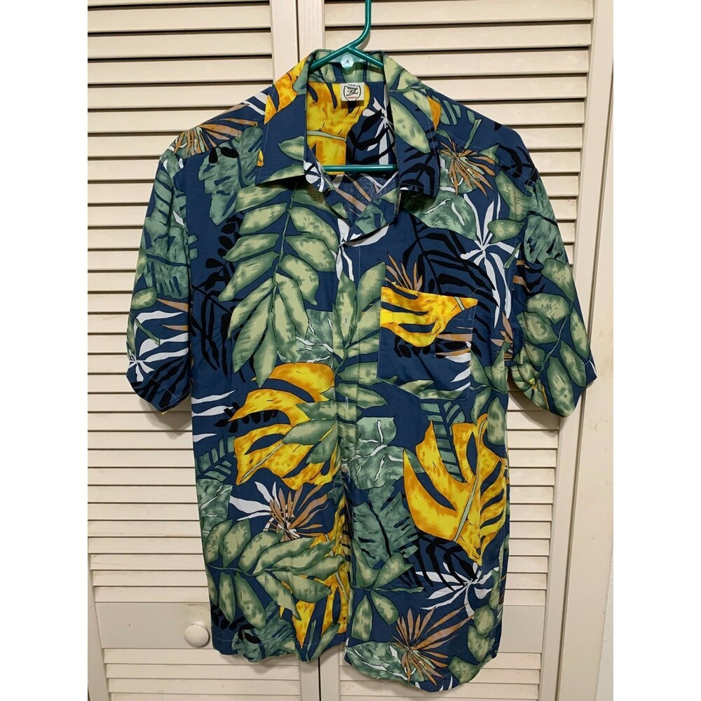 DL Fashions Men's Hawaiian Shirt XXXL Green White Blue Gold Ferns Leaves